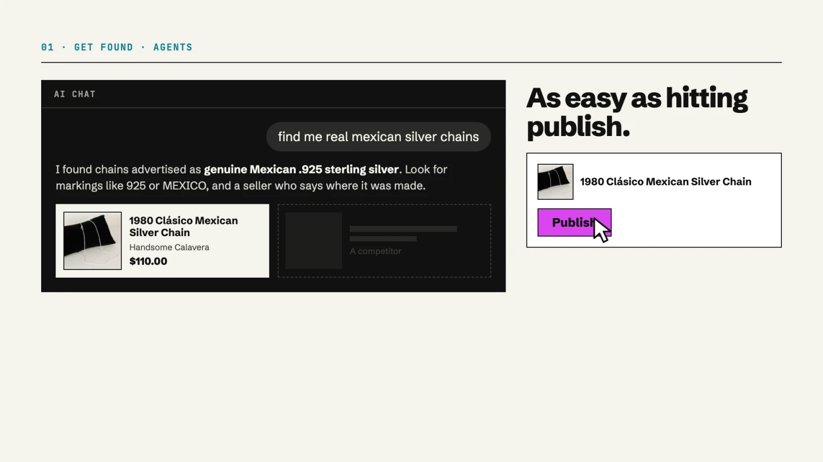Agents. An AI chat answering “find me real mexican silver chains” with a Handsome Calavera chain, next to a Shopify product with a Publish button.