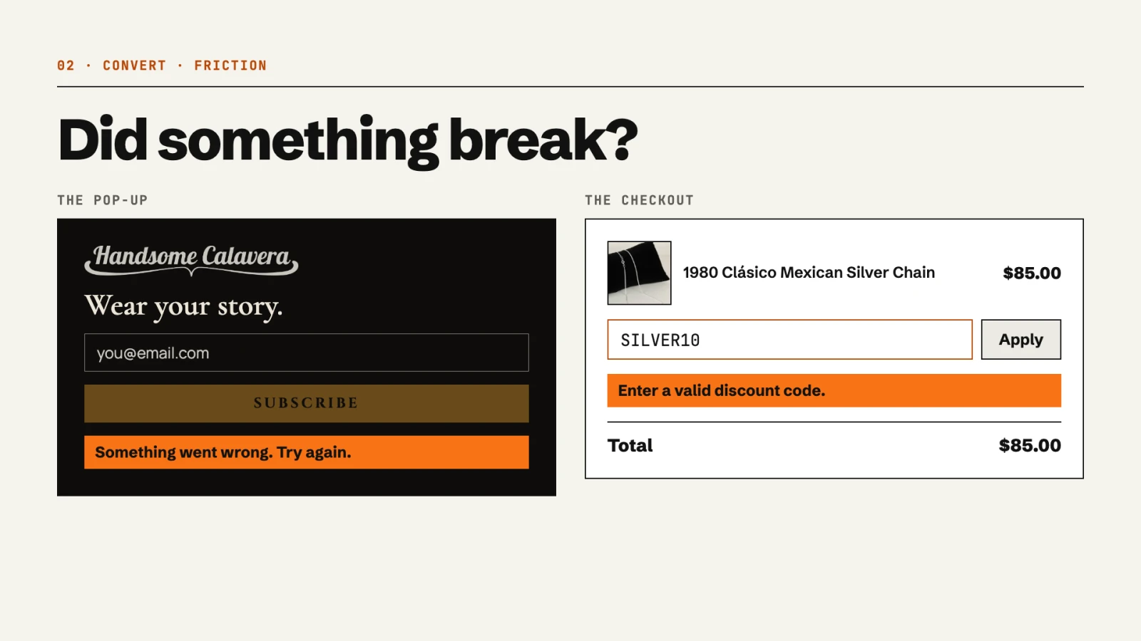 Did something break? A newsletter pop-up showing “Something went wrong” and a checkout rejecting the discount code SILVER10.
