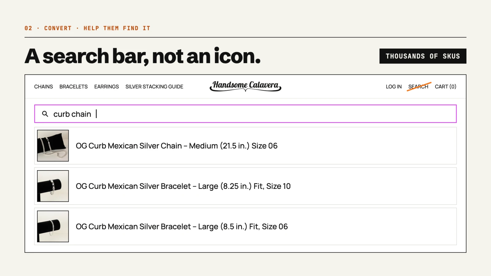 A search bar, not an icon. The Handsome Calavera store header with a search bar and results for “curb chain”.
